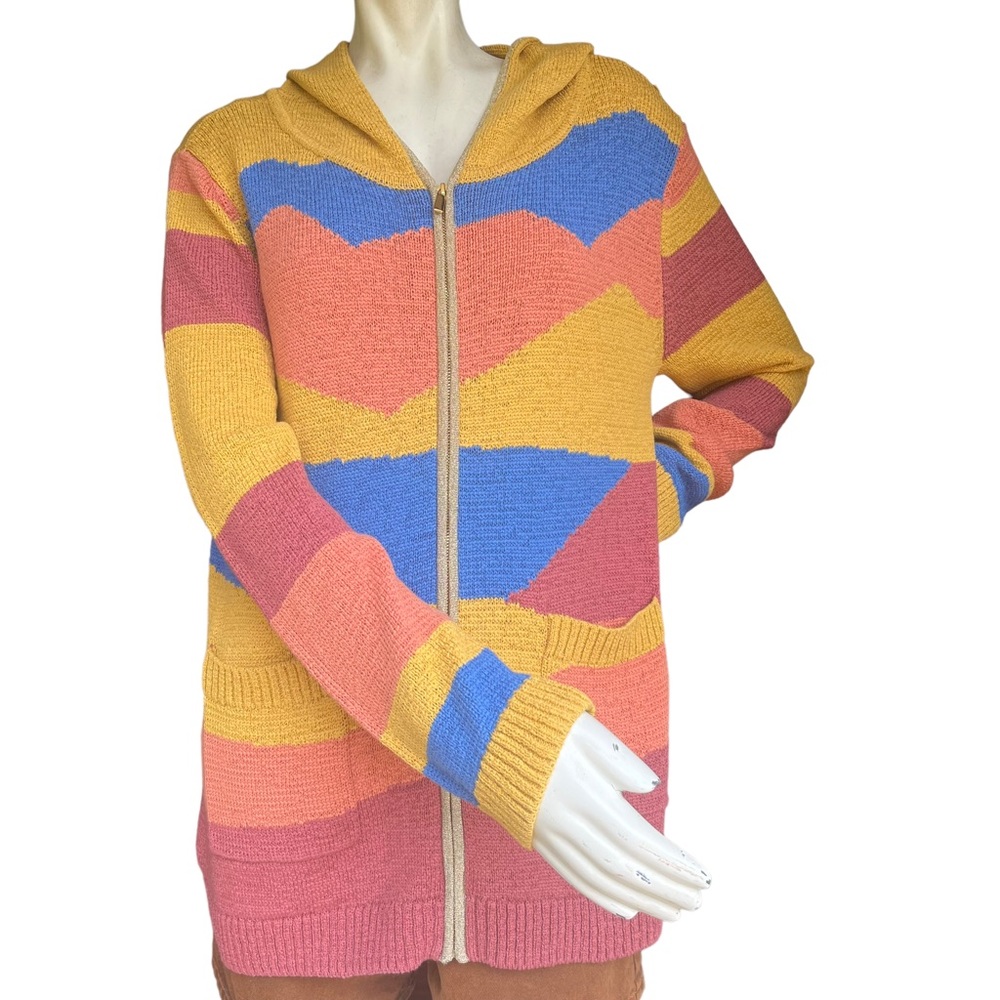 Soft Surroundings Warm Tone Multicolor Knit Zip Up Hooded Sweater Size Medium